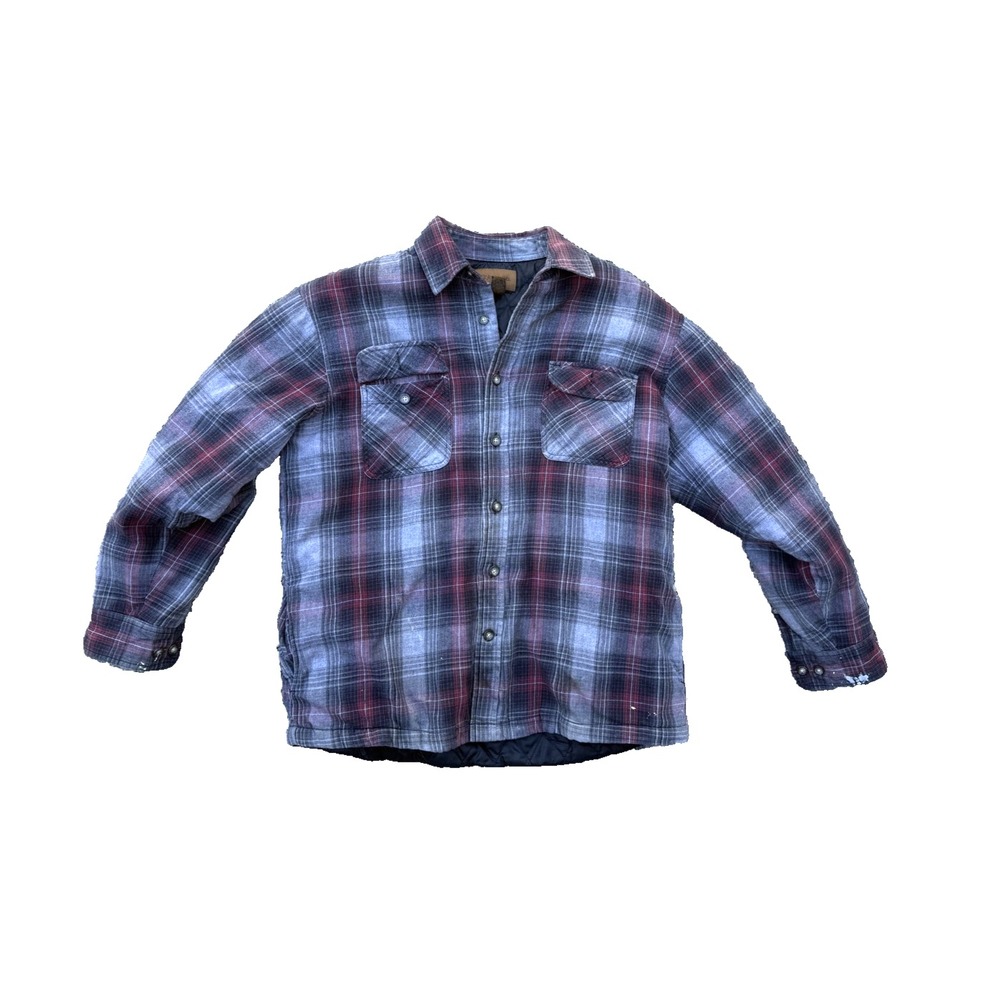 St Johns Bay Jacket Mens Large Gray Red Plaid Quilted Flannel Lined Workwear Y2K